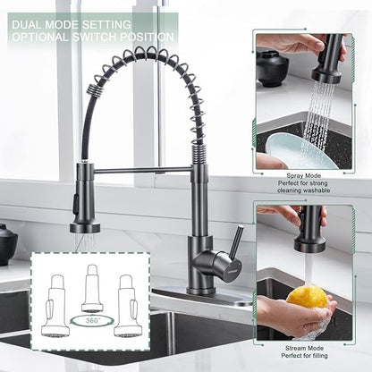 WEWE Black Stainless Kitchen Faucet, Faucet for Kitchen Sink with Pull Down Sprayer Gray Matte Gun Black Kitchen Faucet with Deck Plate Stainless Steel Farmhouse Commercial Single Handle Sink Faucet