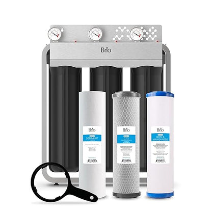 Brio 3-Stage Whole House Filtration System for Iron & Manganese Reduction, 900 GPH, 4.5" x 20" Sediment, Carbon Block, Iron & Manganese Filters Included w/Lifespan of 100,000 Gallons or 12 Months