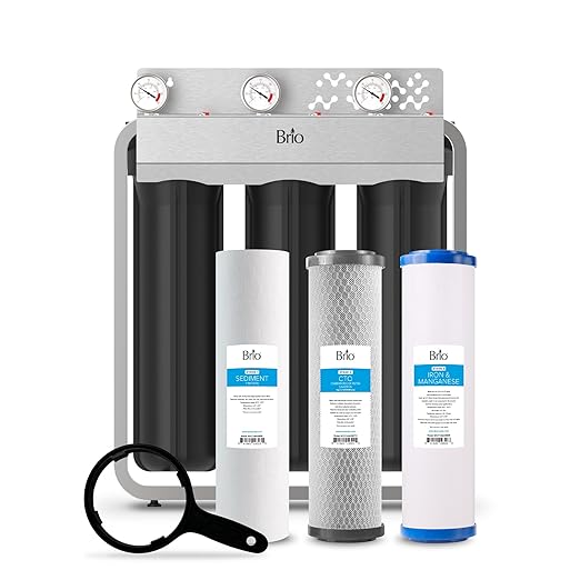 Brio 3-Stage Whole House Filtration System for Iron & Manganese Reduction, 900 GPH, 4.5" x 20" Sediment, Carbon Block, Iron & Manganese Filters Included w/Lifespan of 100,000 Gallons or 12 Months