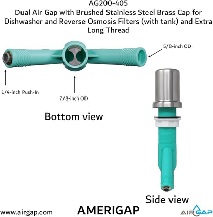 Dual Air Gap with Brushed Stainless Steel Brass Cap for Dishwasher and Reverse Osmosis Filters (with tank) and Extra Long Thread (AG200-405, AG200-X05, AMERIGAP)