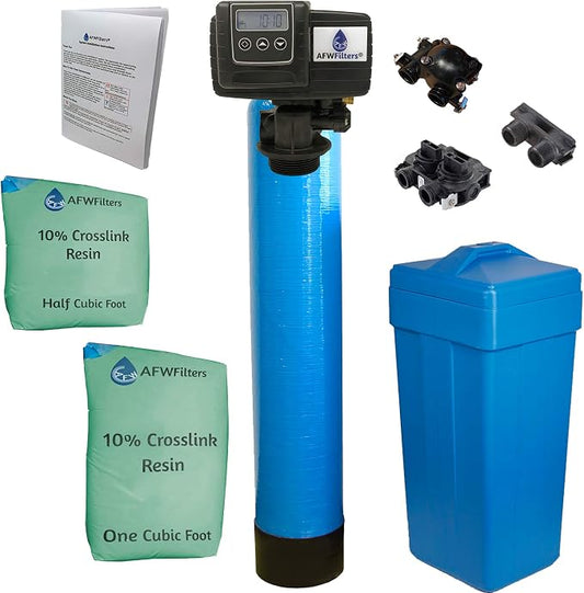 AFWFilters 1.5 Cubic Foot (48k) Whole Home Water Softener with Durable 10% Crosslink Resin, 1" Plastic MNPT Connection, and Blue Tanks
