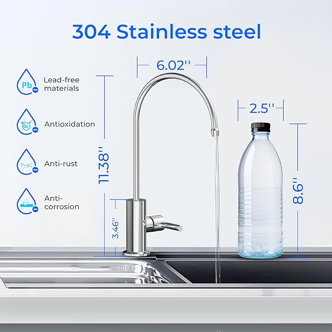 Waterdrop G2FCT-Chrome Drinking Water Faucet, Reverse Osmosis Faucet, Water Filter Faucet for Kitchen Bar Sink, Single Handle, Easy to Install, Lead-Free, Stainless Steel, Polished Chrome