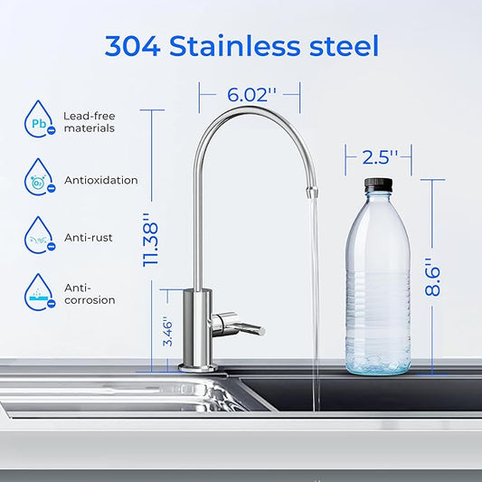 Waterdrop G2FCT-Chrome Drinking Water Faucet, Reverse Osmosis Faucet, Water Filter Faucet for Kitchen Bar Sink, Single Handle, Easy to Install, Lead-Free, Stainless Steel, Polished Chrome