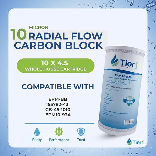 Tier1 10 Micron 10 x 4.5 Water Filter | Whole House Carbon Block Water Filter Replacement Cartridge | Replacement for Pentek EPM-BB, 155782-43, CB-45-1010, EPM10-934 | 4.5 x 10 Water Filter (6-Pack)