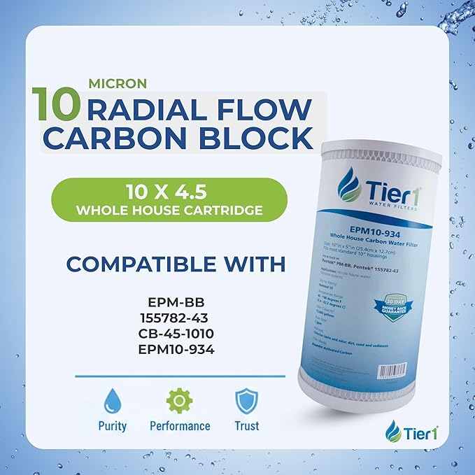 Tier1 10 Micron 10 x 4.5 Water Filter | Whole House Carbon Block Water Filter Replacement Cartridge | Replacement for Pentek EPM-BB, 155782-43, CB-45-1010, EPM10-934 | 4.5 x 10 Water Filter (4-Pack)