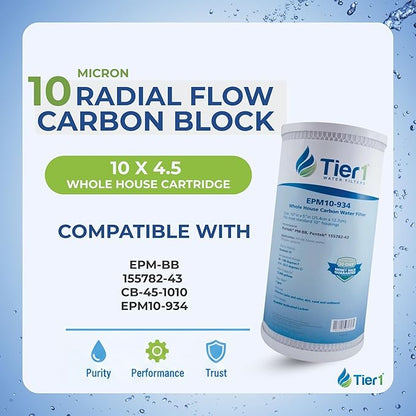 Tier1 10 Micron 10 x 4.5 Water Filter | Whole House Carbon Block Filter Replacement Cartridge | Replacement for Pentek EPM-BB, 155782-43, CB-45-1010, EPM10-934 | 4.5 x 10 Water Filter (12-Pack)