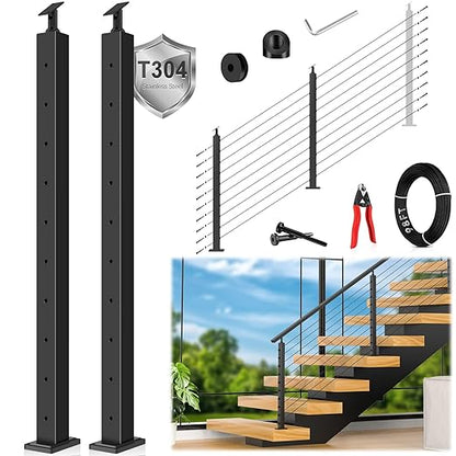 36" Modular 2-8FT Black T304 Stair Cable Railing Post Kit, Complete Cable Railing System with 2 Stair Posts, 98ft 1/8" Wire Rope(No Handrail), Adjustable Length Easy DIY for 28-38° Stairway
