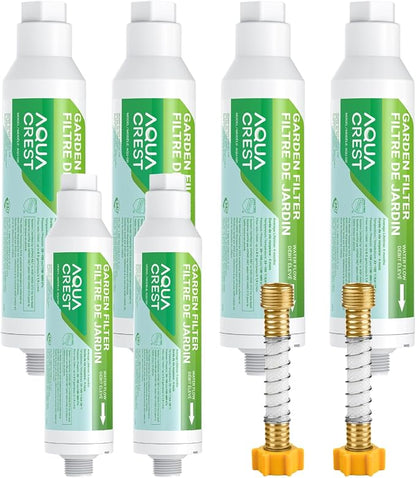 AQUA CREST Garden Hose Water Filter for Plants, NSF/ANSI Certified | Reduces Chlorine, Odor, Improves Plant Health, Suitable for Gardening and Farming, with 2 Flexible Hose Protectors, 6 Pack