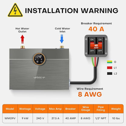 9kW Tankless Water Heater Electric 240V, On-Demand Instant Hot Water | Automatically Maintains Water Temperature Instant Water Heater Under Sink Self-Modulating Technology ETL Certified Eco