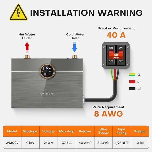 9kW Tankless Water Heater Electric 240V, On-Demand Instant Hot Water | Automatically Maintains Water Temperature Instant Water Heater Under Sink Self-Modulating Technology ETL Certified Eco