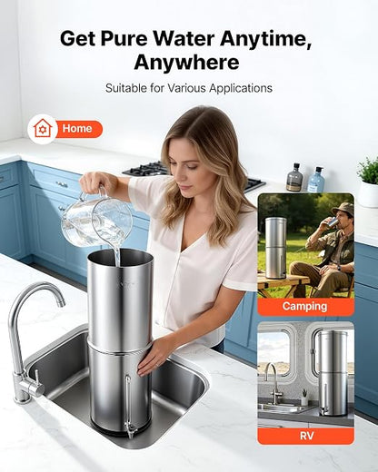 VEVOR Gravity-fed Water Filter System, 3.25G 304 Stainless-Steel Countertop Water Filtration System, Reduces Lead and up to 99% of Chlorine, with 2 Carbon Filters, Water Level Spigot, for Home Camping