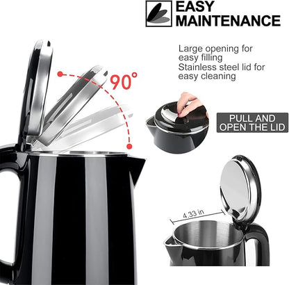 Secura Stainless Steel Double Wall Electric Kettle Water Heater for Tea Coffee w/Auto Shut-Off and Boil-Dry Protection, 1.0L (Black) SWK-1001DB/HB-K012