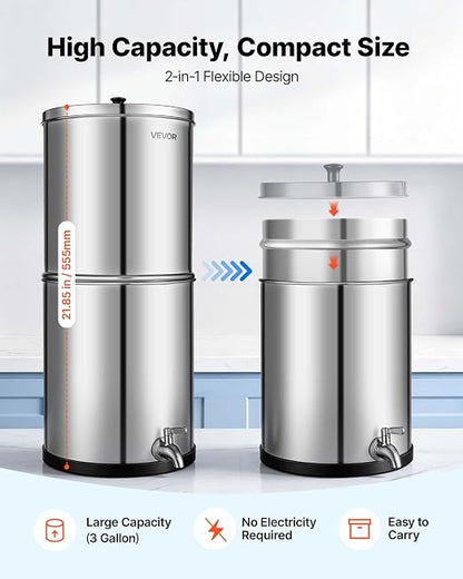 VEVOR Gravity-fed Water Filter System, 3G 304 Stainless-Steel Countertop Water Filtration System, Reduces Lead and up to 99% of Chlorine, with 2 Ceramic Carbon Filters, and Spigot, for Home Camping RV