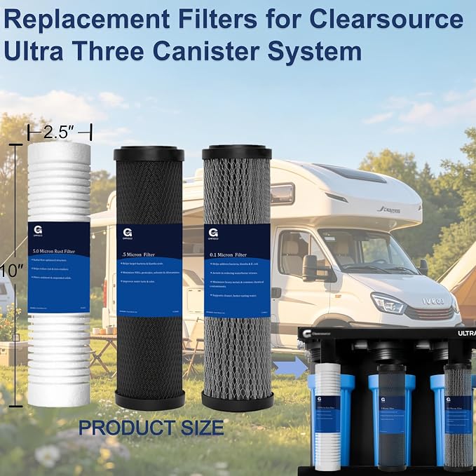 Replacement Filter for c-learSource Ultra System, 3-Pack | 0.01µm membrane traps microplastics & metals. 5µm & 0.5µm filters reduce chlorine, taste & odor. Tool-free, 2,000 gal life.