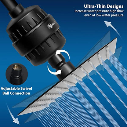 NearMoon Square Shower Head and 15 Stage Shower Filter Combo, High Pressure Filtered Head for Hard Water, Improves the Condition of Your Skin, Hair (Matte Black)