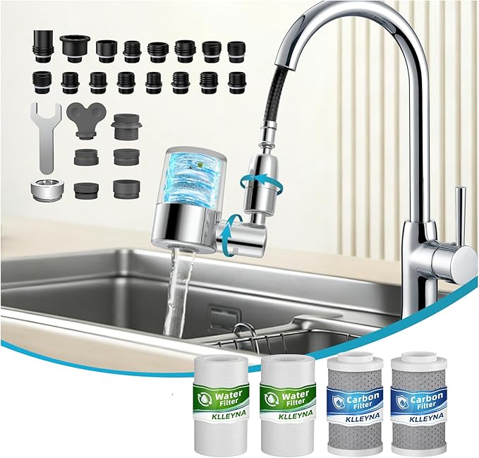 KLLEYNA Pull-Down Faucet-Mount Water Filters - (22 Adapters) Swivel 720° Sink Tap Filtration, ACF Reduce 99% Chlorine for Great Taste, 528 Gallon Purifier Kitchen/Bathroom,High Pressure 2-Mode Spray