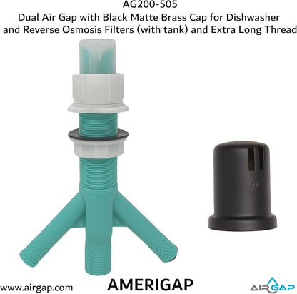 Dual Air Gap with Black Matte Brass Cap for Dishwasher and Reverse Osmosis Filters (with tank) and Extra Long Thread (AG200-505, AG200-X05, AMERIGAP)