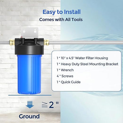 Whole House Water Filter Housing (WH-10HD), 10" x 4.5" Sediment Carbon Filter Universal Housing, Pre-Filtration System for Well and City Water, 1" NPT Port, Pressure Release