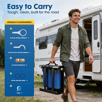 RV Water Filter System,0.01 Micron Camper Water Filter System, 5-Stage RV Water Filtration System Reduces Sediments, Chlorine, Vocs, Heavy Metals, Odors for Travel Trailers, Boats, 1" Inlet/Outlet