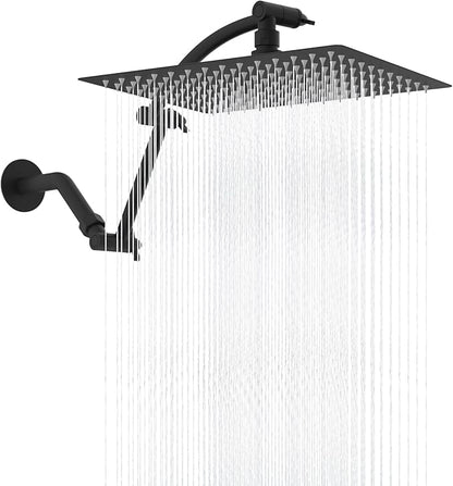 Hibbent All Metal cUPC Certified Rain Shower Head, 12'' High Pressure Rainfall Showerhead with 16" Shower Head Extension Arm, Solid Brass Adjustable Shower Arm Extender, fixed Showerheads, Matte Black