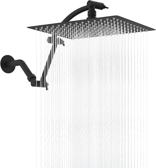Hibbent All Metal cUPC Certified Rain Shower Head, 12'' High Pressure Rainfall Showerhead with 16" Shower Head Extension Arm, Solid Brass Adjustable Shower Arm Extender, fixed Showerheads, Matte Black