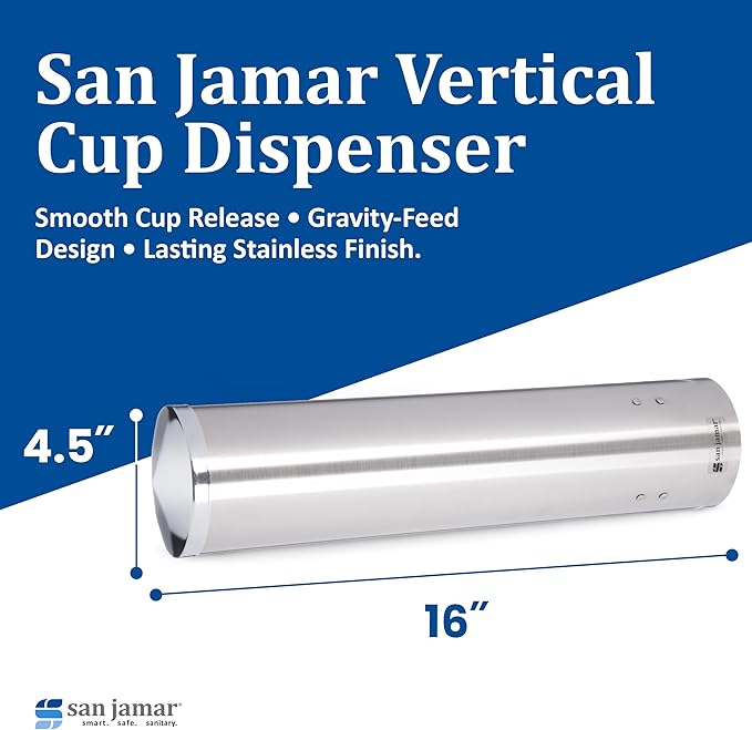 San Jamar Large Pull-Type Cup Dispenser 6-12 Oz. Flat Bottom Cups, 4.5 - 7 Oz Cone Cups with Flip Cap for Restaurants, Home, and Office, Stainless Steel, 16 Inches, Silver
