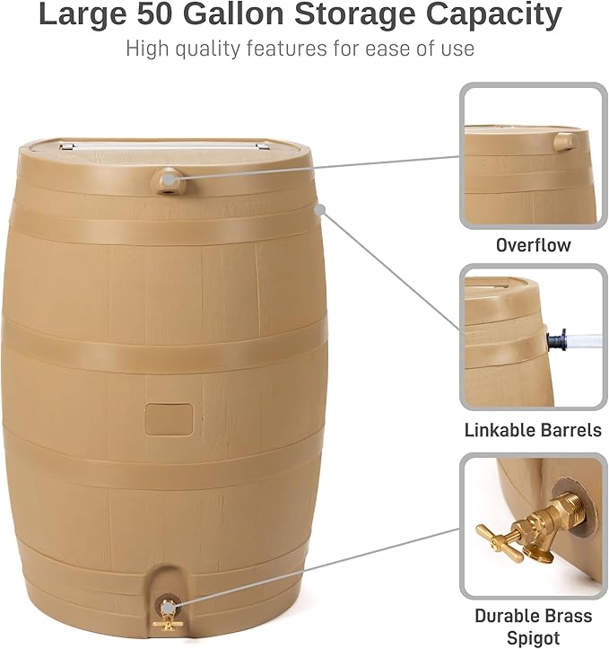 RTS Home Accents 50-Gallon Rain Barrel, Flat Back Rain Water Collection Barrel, Link Kit Included, Oak Color (2 Pack)