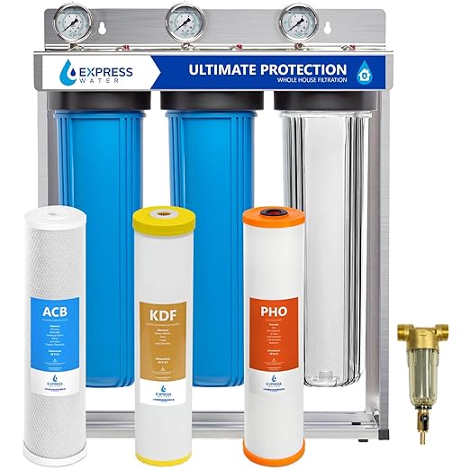 Express Water 3-Stage Whole House Water Filter System, Includes Pre-Filter, Free-Standing Stainless Steel Frame & 3 Pressure Gauges, Reduces Scale, Heavy Metals, PFAs, Lead, Arsenic & Chlorine