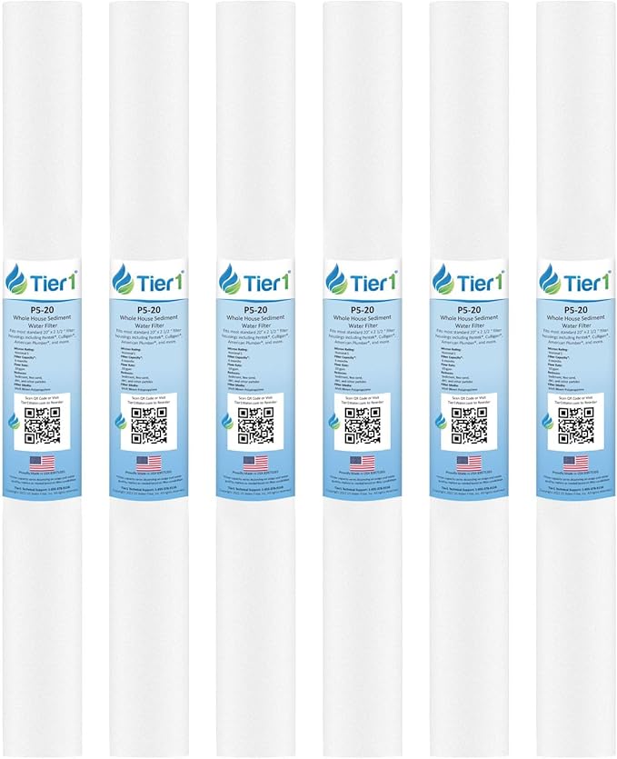 Tier1 5 Micron 20x2.5 Water Filter | Spun Wound Polypropylene Whole House Sediment Cartridge | Replacement for Pentek P5-20, 155016-43, SDF-25-2005 | 2.5 x 20 P5-20 Water Filter (6-Pack)
