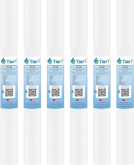 Tier1 5 Micron 20x2.5 Water Filter | Spun Wound Polypropylene Whole House Sediment Cartridge | Replacement for Pentek P5-20, 155016-43, SDF-25-2005 | 2.5 x 20 P5-20 Water Filter (6-Pack)