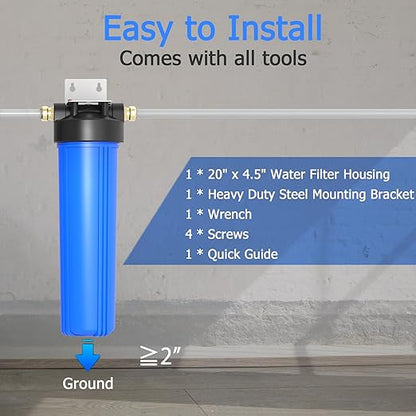 WHB20 Whole House Water Filter Housing, Fit 20"x4.5" Sediment etc Filters for Well and City Water, Big Filter Blue Pre-Filtration System for Home, 1" NPT Port, Pressure Release
