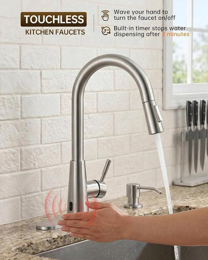 APPASO Kitchen Faucet Touchless with Soap Dispenser and Pull Down Sprayer | S304 Stainless Steel Brushed Nickel Motion Sensor Hands Free Sink Faucets 2 Modes with cUPC Lead-Free Certified Water Hoses