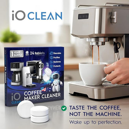 iO CLEAN Coffee Maker Cleaner & Coffee Machine Descaler Tablets – 24 Count Universal Coffee Pot Cleaner and Descaler Solution – Compatible with Keurig, Nespresso, Ninja, Breville, DeLonghi