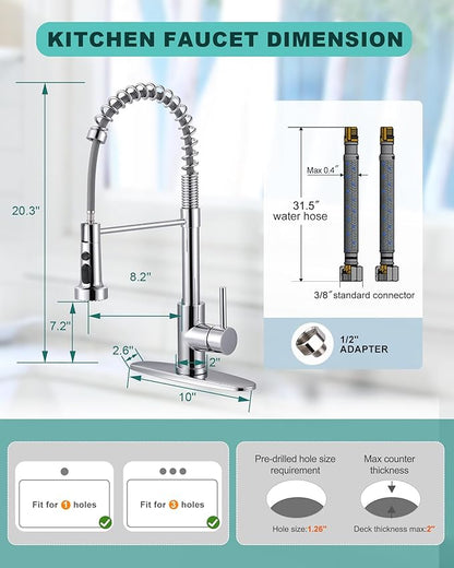 Kitchen Faucet with Pull Down Sprayer: Chrome 3-Function Kitchen Sink Faucet for 1 or 3 Hole - Stainless Steel Single Handle Spring Kitchen Faucets with Deck Plate for Farmhouse RV Laundry