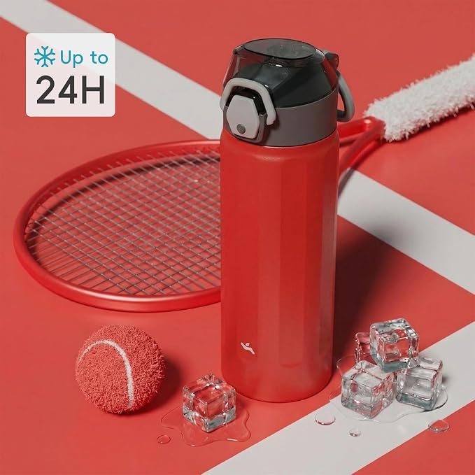 Konokyo FLOWPLAY 25oz Locking Push-Button Water Bottle with Silicone Spout,Leak-Proof,18/8 Stainless Steel Double-Wall Vacuum Insulated for Sports and Travel,BPA-Free,Red