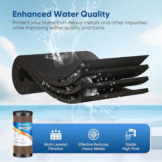PUREPLUS 10" x 4.5" Whole House Carbon Water Filter Combo Pack, CTO10BB + CTO10BB-KDF + CTO10BB-CQB, 5 Micron, Lead & Heavy Metal Reduction, Fits GE GXWH40L, DuPont WFHDC8001, 3-Pack