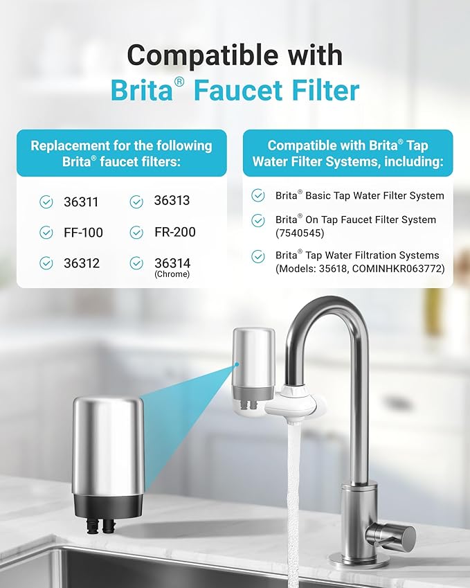 AQUA CREST 7027S Faucet Water Filter, Replacement for Brita® Filter, Brita® 36311 On Tap Water Filtration System, FR-200, FF-100, 100 Gallons, Chrome, 2 Pack