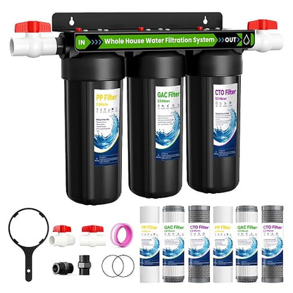 Whole House Water Filter System, 3 Stage Home Water Filter System for Well Water City Water, Includes 3 Sets Filters (2 Years use), 3/4” Port, Reduces Chlorine,Taste, Sediment for Cleaner Water