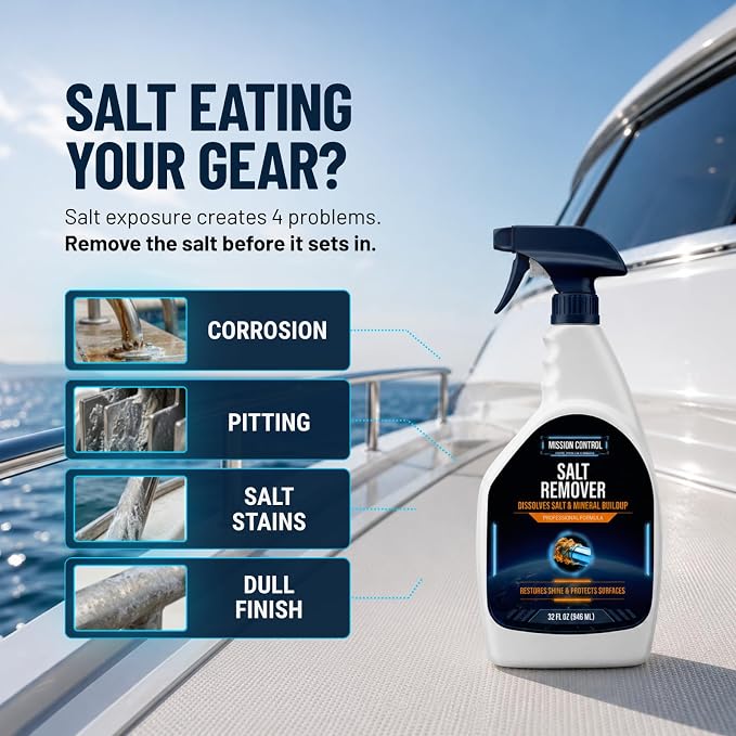 Mission Control 32 oz Salt Remover Spray for Boats, Cars & Pools - Dissolves Salt, Brine, Mineral & Hard Water Buildup on Outdoor Metal & Sealed Floors - Saltwater Residue Cleaner