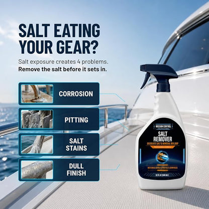 Mission Control 32 oz Salt Remover Spray for Boats, Cars & Pools - Dissolves Salt, Brine, Mineral & Hard Water Buildup on Outdoor Metal & Sealed Floors - Saltwater Residue Cleaner