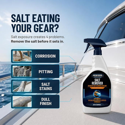 Mission Control 32 oz Salt Remover Spray for Boats, Cars & Pools - Dissolves Salt, Brine, Mineral & Hard Water Buildup on Outdoor Metal & Sealed Floors - Saltwater Residue Cleaner