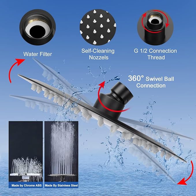 NearMoon Filtered Shower Head, High Pressure 8″Round Rain Shower and 5 settings Handheld Shower Filter Combo with Self-adhesive Holder/1.5M Hose -1 Replaceable Filter Cartridge (Matte Black)