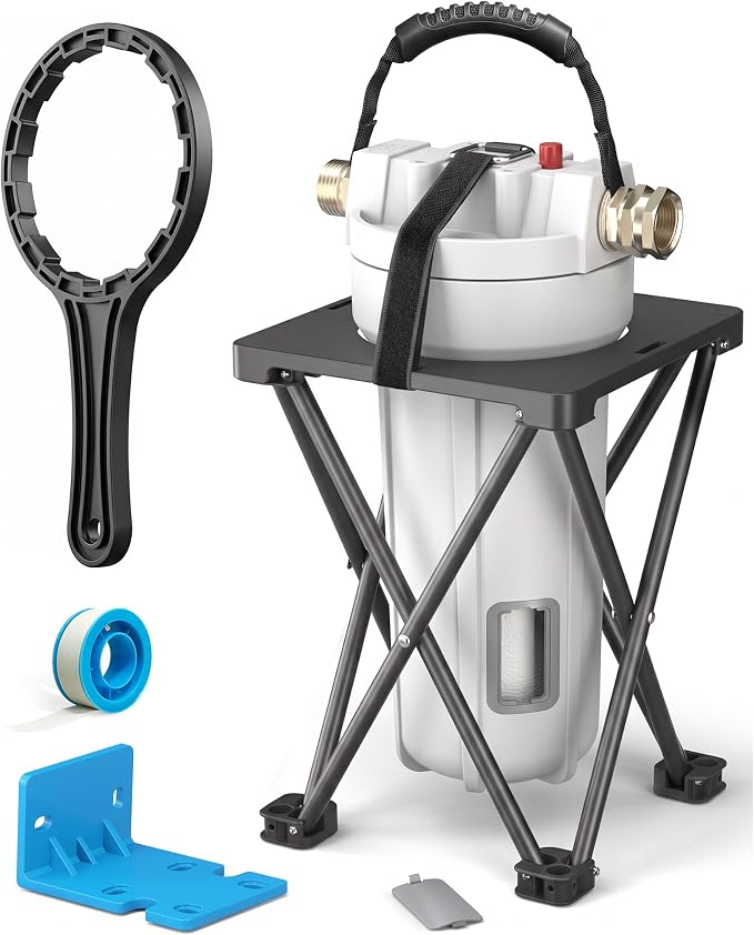 4-Layer Filtration RV Water Filter with Cartridge Inspection Window | Replaceable Filter, Anti-Tip Stand, Metal-to-Metal Threads, Removes Chlorine, PFAS, Heavy Metals, VOCs, Bad Taste, and Odor