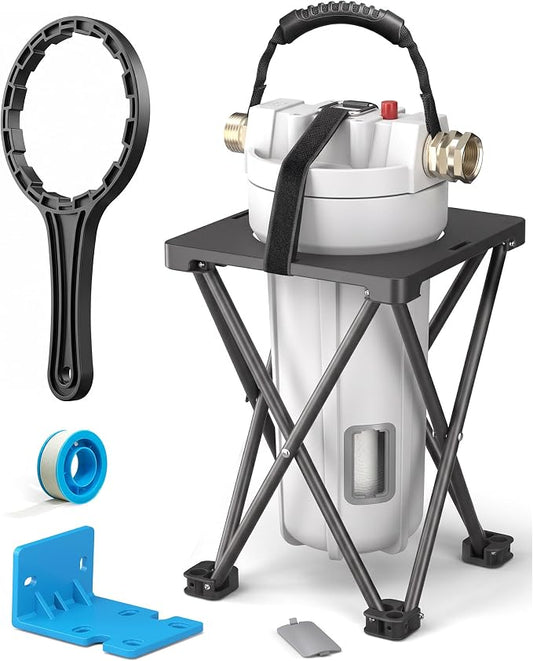 4-Layer Filtration RV Water Filter with Cartridge Inspection Window | Replaceable Filter, Anti-Tip Stand, Metal-to-Metal Threads, Removes Chlorine, PFAS, Heavy Metals, VOCs, Bad Taste, and Odor