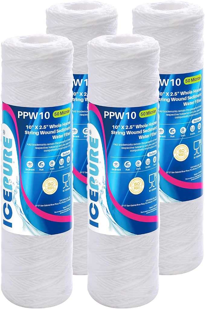 ICEPURE 50 Micron 10" x 2.5" String Wound Sediment Water Filter Cartridge for Well filter Universal Replacement for Any 10 inch RO Unit, WP-5, Aqua-Pure AP110 CFS110 Culligan P5 WFPFC4002 CW-MF, 4PACK