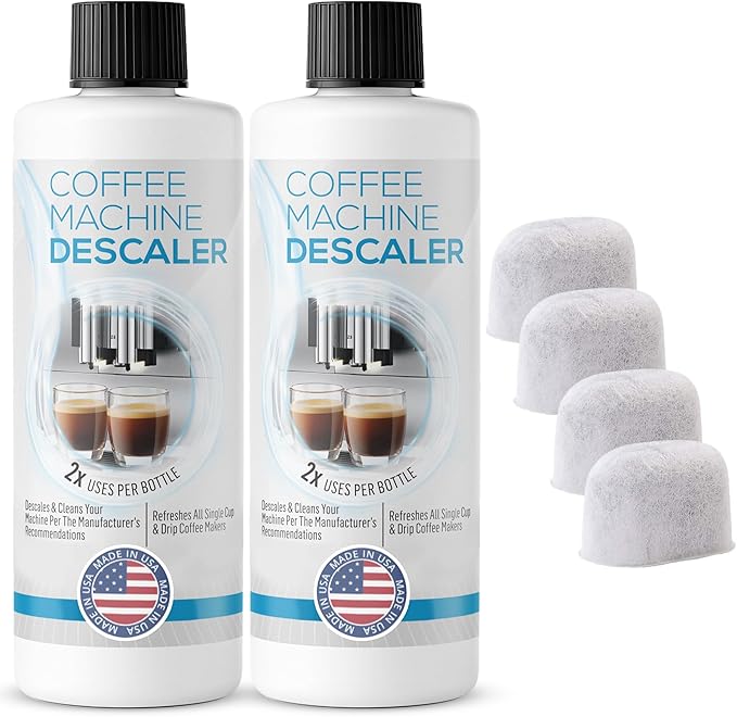 FreshFlow Keurig Compatible Descaling Solution - Descaler Cleaner Concentrate Kit For All 1.0 & 2.0 K-Cup Pod Machines and Espresso Machines - (2 Bottles, 4 Uses Plus 4 Filters)