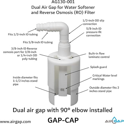 Dual Air Gap for Water Softener and Reverse Osmosis with 5/8 or 1/2-inch and 3/8 or 1/4-inch inlets, 1-1/2 or 2-inch Standpipe (8500, GAP-CAP, AG130-001)