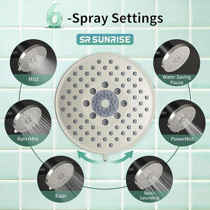 SR SUN RISE Filtered Shower Head - High Pressure Rain Shower Head with 20-Stage Filter,6 Spray Modes for Hard Water Softener, Remove Chlorine & Heavy Metals (Brushed Nickel, 5.6 Inch Round)