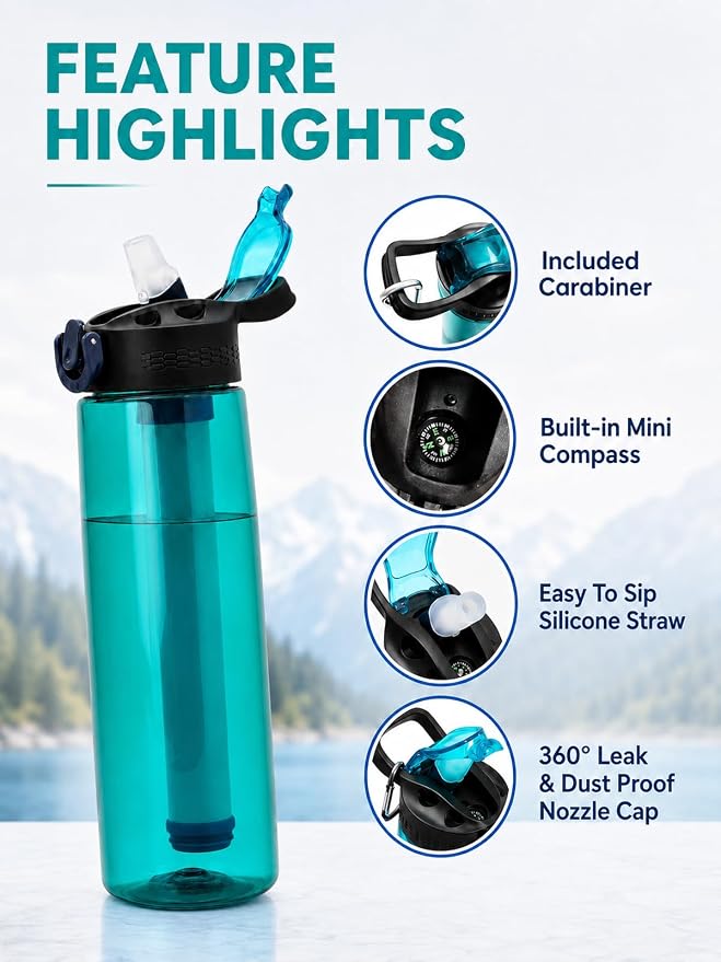 22oz Water Filter Bottle, Portable Outdoor Filtered Water Bottle with Multi-Layer Filtration, Improves Taste & Reduces Odor, BPA-Free Reusable Bottle for Hiking, Camping & Travel (Cyan)