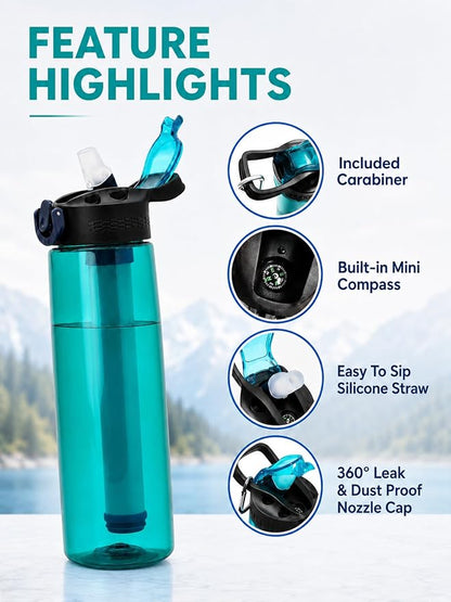 22oz Water Filter Bottle, Portable Outdoor Filtered Water Bottle with Multi-Layer Filtration, Improves Taste & Reduces Odor, BPA-Free Reusable Bottle for Hiking, Camping & Travel (Cyan)